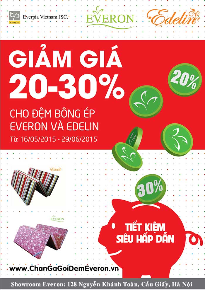 Everon khuyến mãi hè 2015 giảm giá 20% đến 30% cho đệm bông ép Everon và Edelin