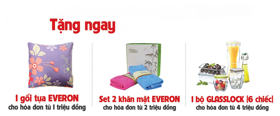 everon khuyến mãi 2015, khăn everon, bộ glasslock cao cấp, gối tựa everon